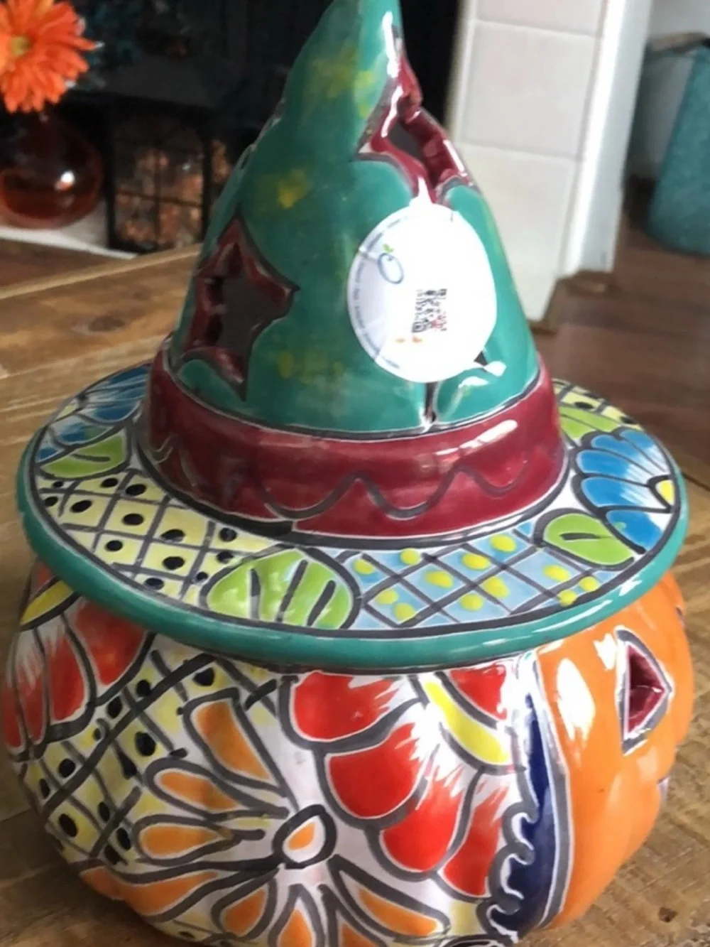 Talavera Colorful Ceramic Jack-O'-Lantern with Witch Hat